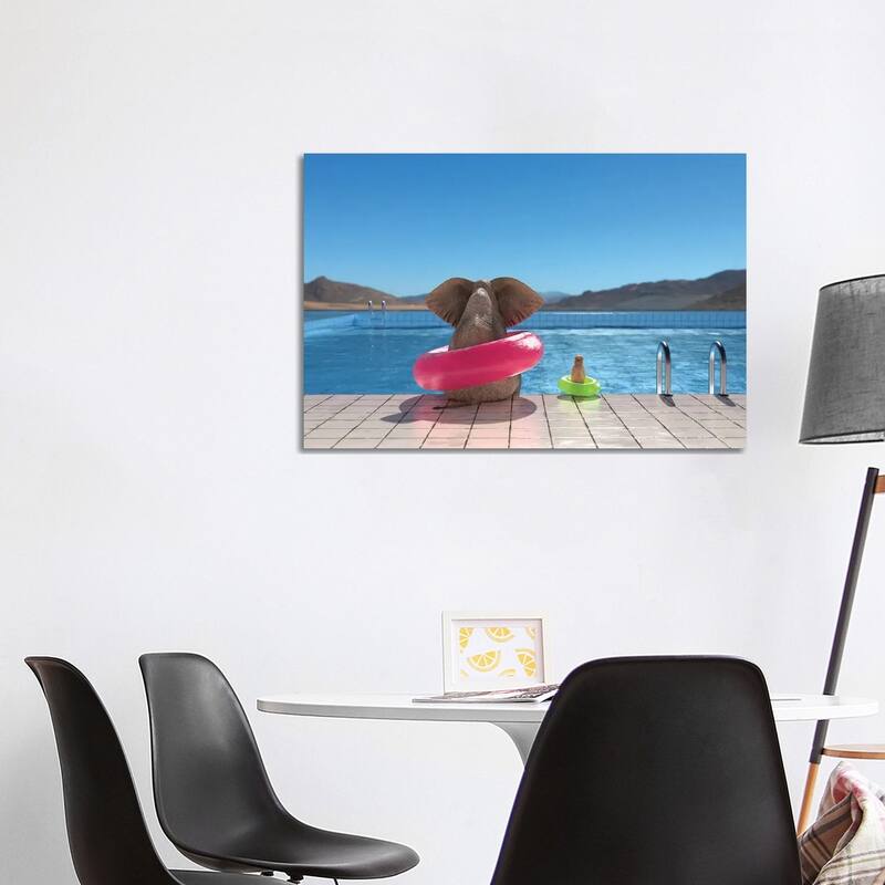 iCanvas "Elephant And Dog Sit On The Edge Of The Pool II" by Mike Kiev Canvas Print - 26x40x1.5