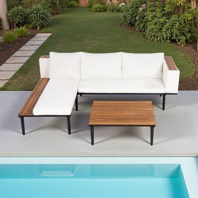 L-Shaped Outdoor Acacia Wood Sectional Sofa Set with Coffee Table and Side Table, Removable Cushions - Beige
