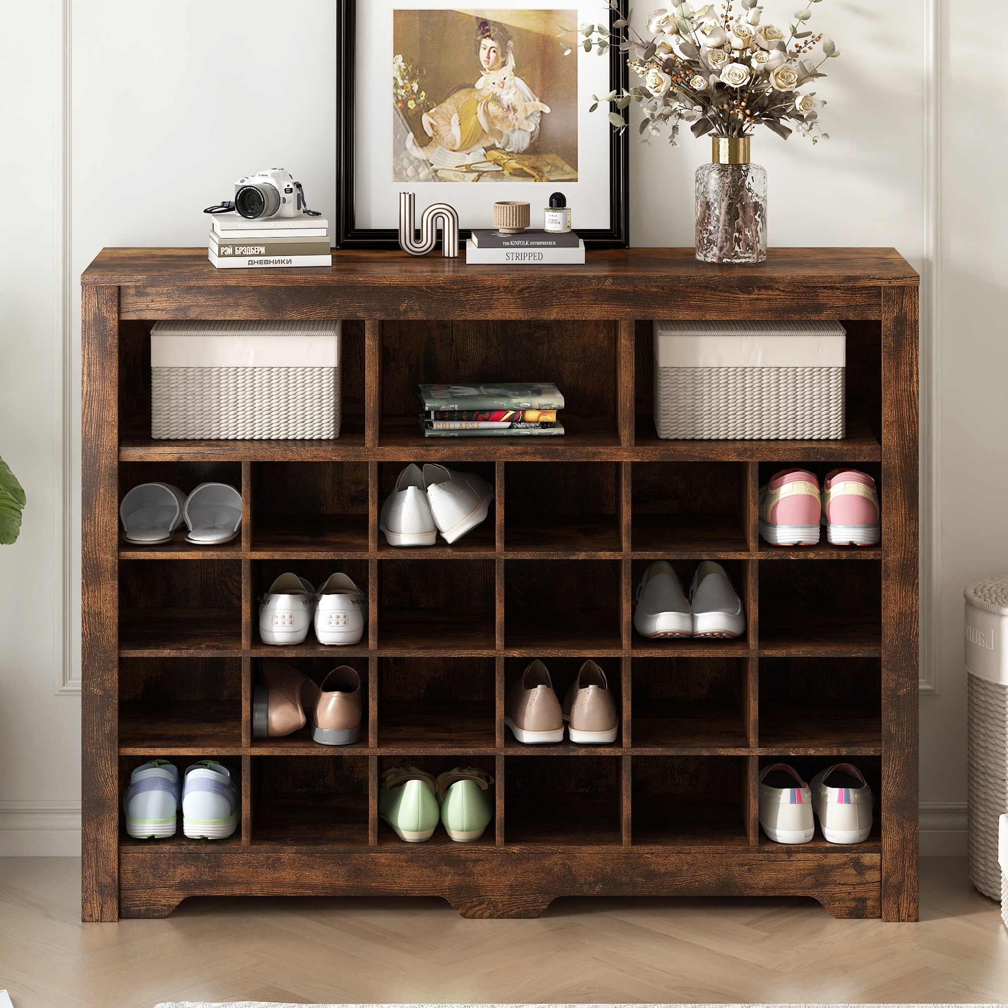 Shoe Cabinet with 24 Cubbies for Shoes & Accessories - Black