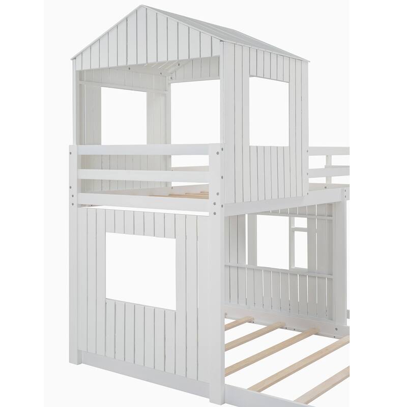 Rustic Twin Over Full Bunk Bed with Slide, Guardrails, and Playhouse Design