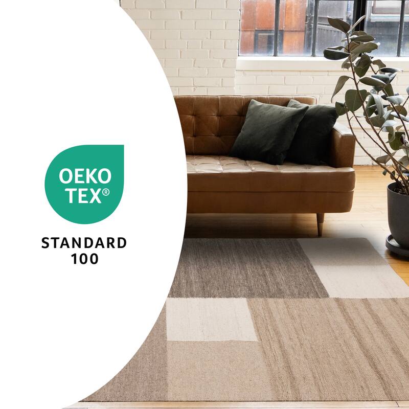 Taupe Beige White Stacked Squares Handmade Wool Rug