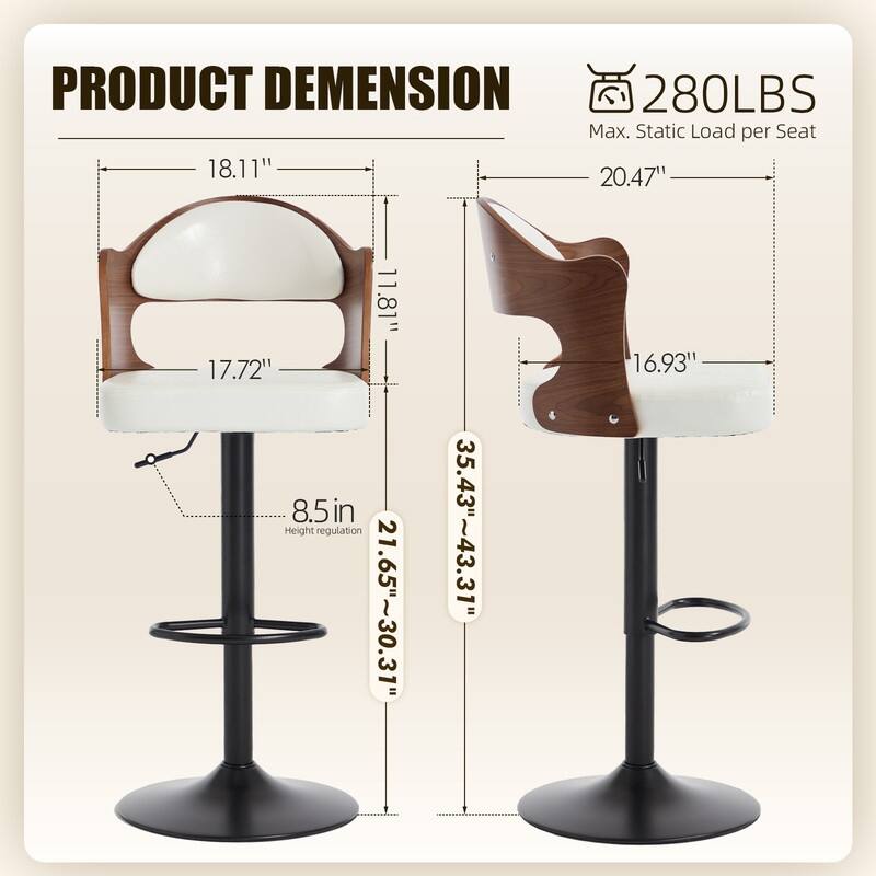 PU Leather Upholstered High-resilience Cushion 360° Swivel Adjustable Height Bar Stools with Footrest(set of 2)