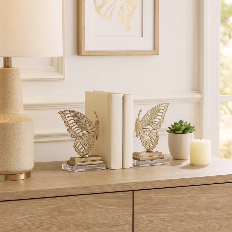 Metal Bookends Butterfly Metallic Finish (Set of 2) - 9" Gold - 12.5"