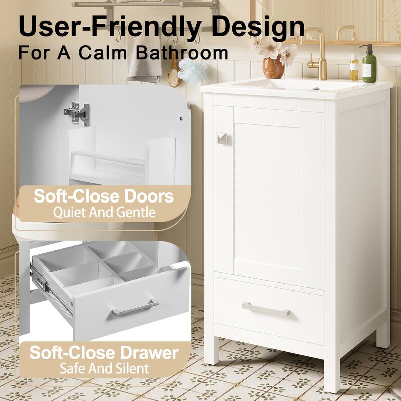 18-Inch Modern Bathroom Vanity with Ceramic Sink, Soft-Close Drawers and Door Organizer, Divider Drawer