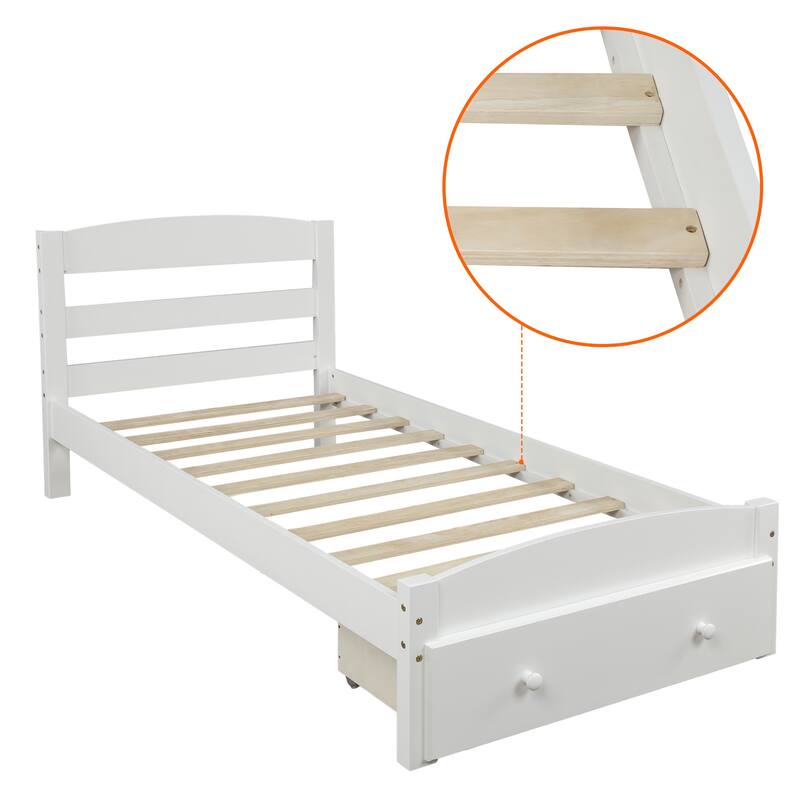 Elegant Twin Wood Bed Frame with Curved Headboard and Storage Drawer