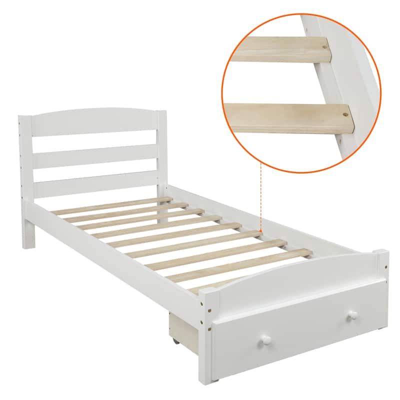 Platform Twin Bed Frame with Storage Drawer and Wood Slat Support