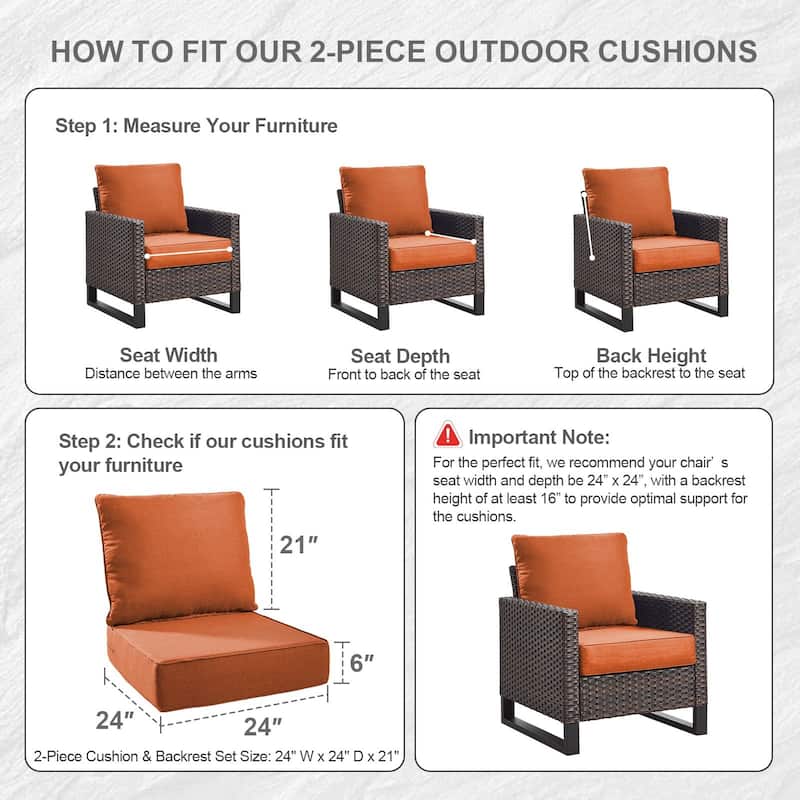 Luxury 6" Outdoor Cushions for Patio Furniture, 24x24x6 Cushion Set, Fade Resistant Replacement Cushions with Removable Cover