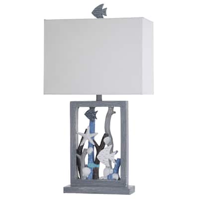 StyleCraft Seaford Blue and Multi-Neutral Framed Seascape Fish, Starfish and Driftwood Table Lamp