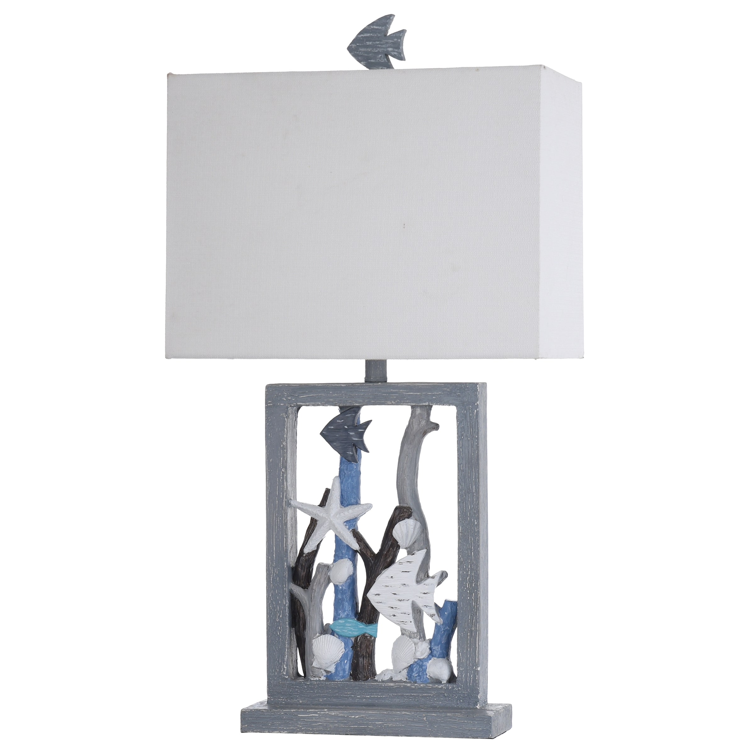 StyleCraft Seaford Blue and Multi-Neutral Framed Seascape Fish, Starfish and Driftwood Table Lamp