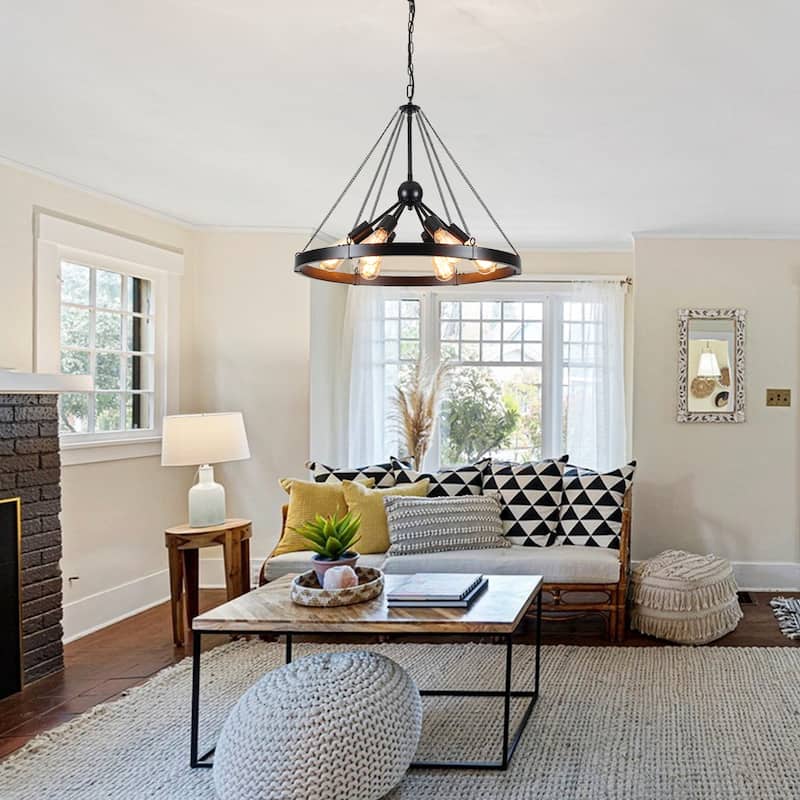 6-Light Modern Wagon Wheel Chandelier with Adjustable Chain for Study Foyer Kitchen Island