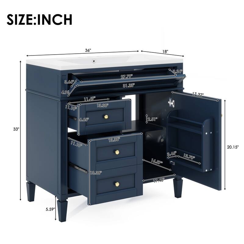 30''/36'' Bathroom Vanity with Top Sink, Modern Bathroom Storage Cabinet with 2 Drawers, a Tip-out Drawer & Adjustable Shelf