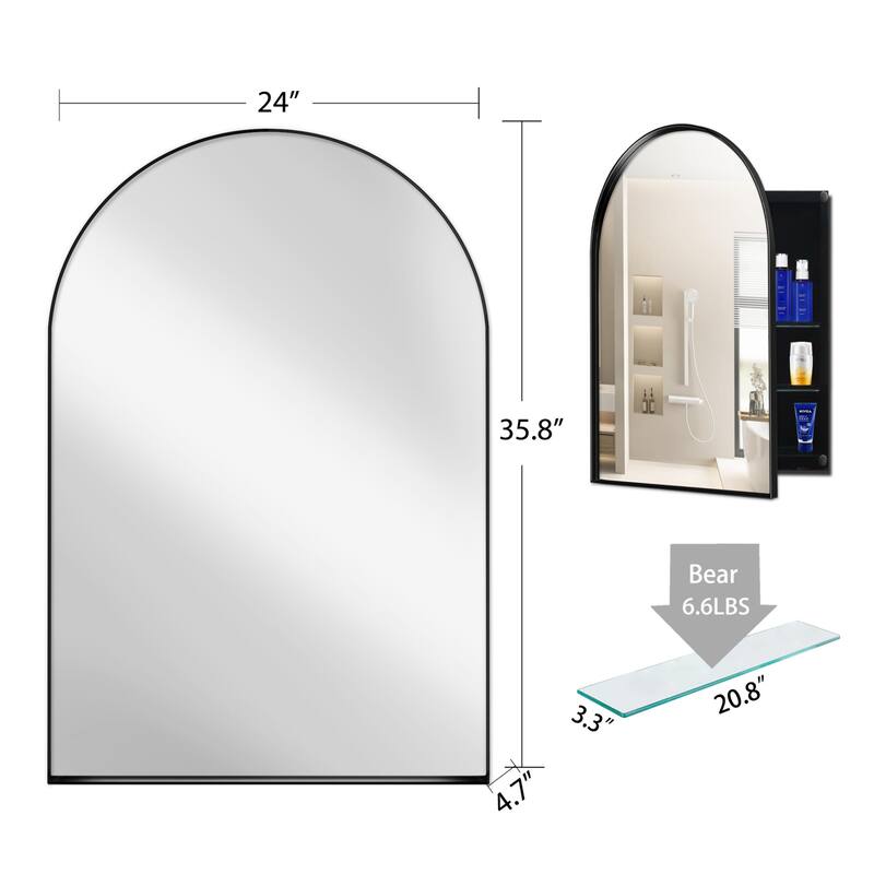24x36 Inch Arched Bathroom Medicine Cabinet with Mirror, Metal Framed Recessed Wall Cabinet with Mirror