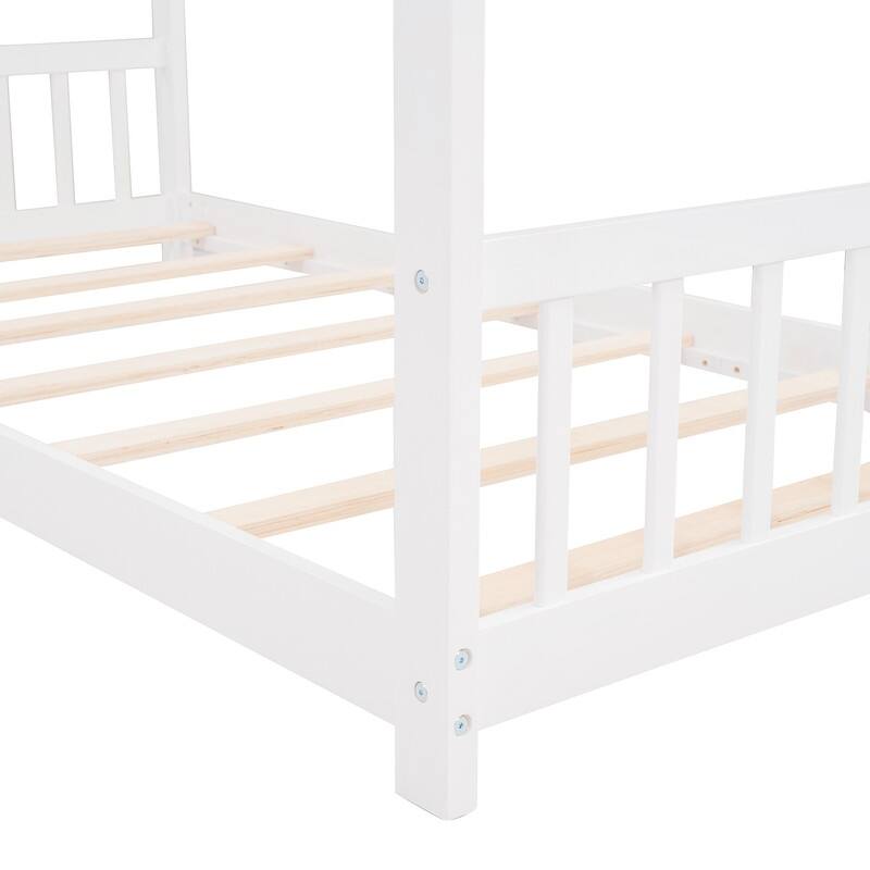Twin Size House Bed Wood Platform Bed with Roof