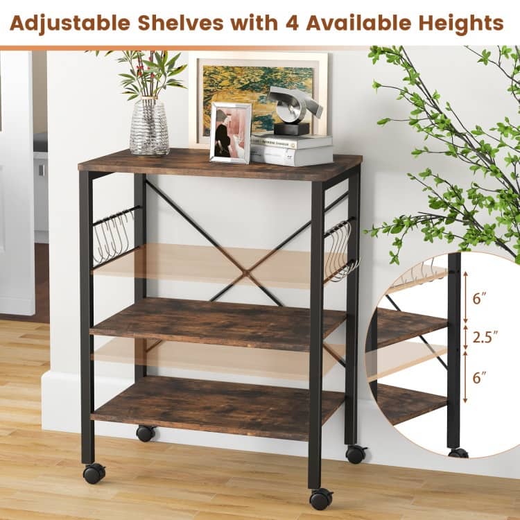 3-Tier Kitchen Baker's Rack Microwave Oven Storage Cart with Hooks - 23.5" x 16" x 29" (L x W x H)