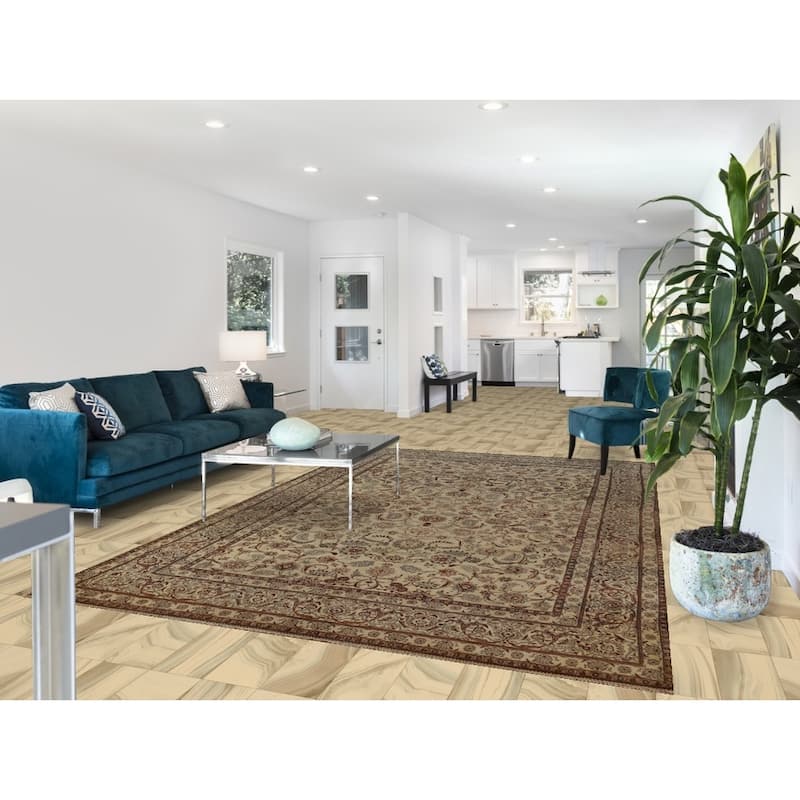 Hand Knotted Oriental 100% Wool Carpet Traditional All-Over Beige & Ivories Tabriz Area Rug - 11' 0'' X 7' 0''