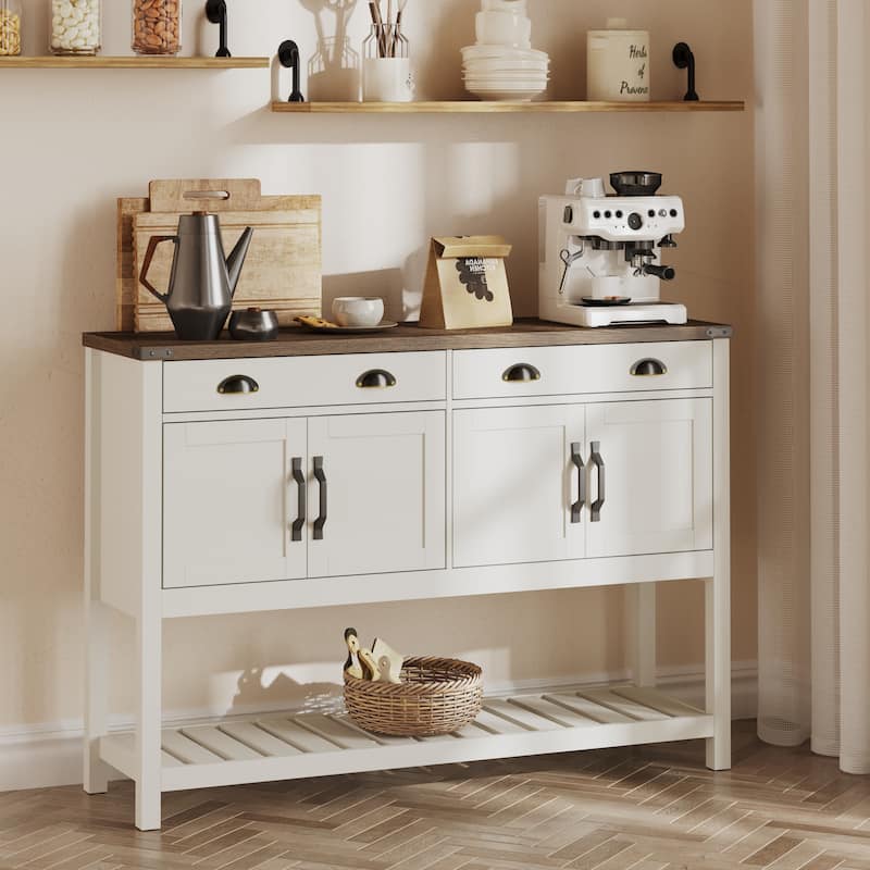 47'' Modern Farmhouse Console Storage Table - Two Drawers, Four-Door Cabinet with Adjustable Shelves & Slatted Display Shelf