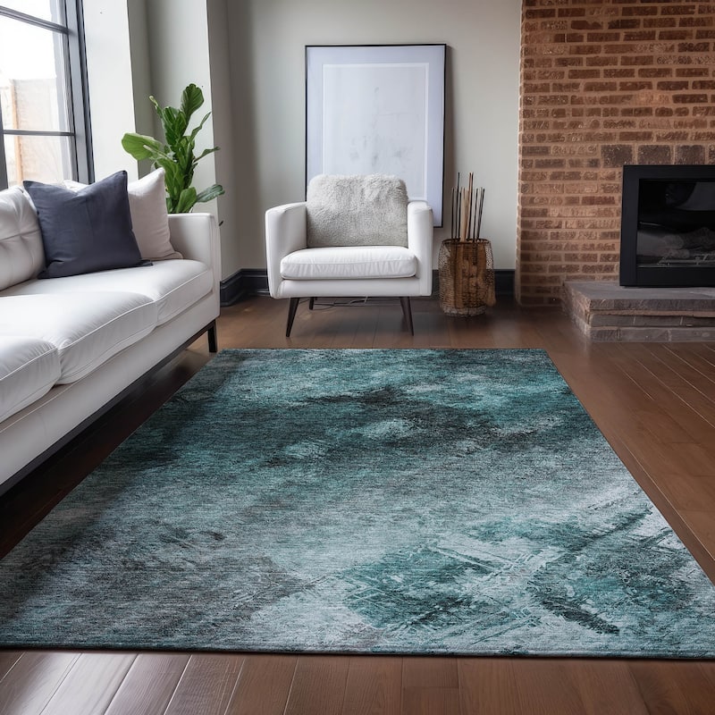 Machine Washable Indoor/ Outdoor Chantille Abstract Watercolor Rug - 8' x 10' - Teal