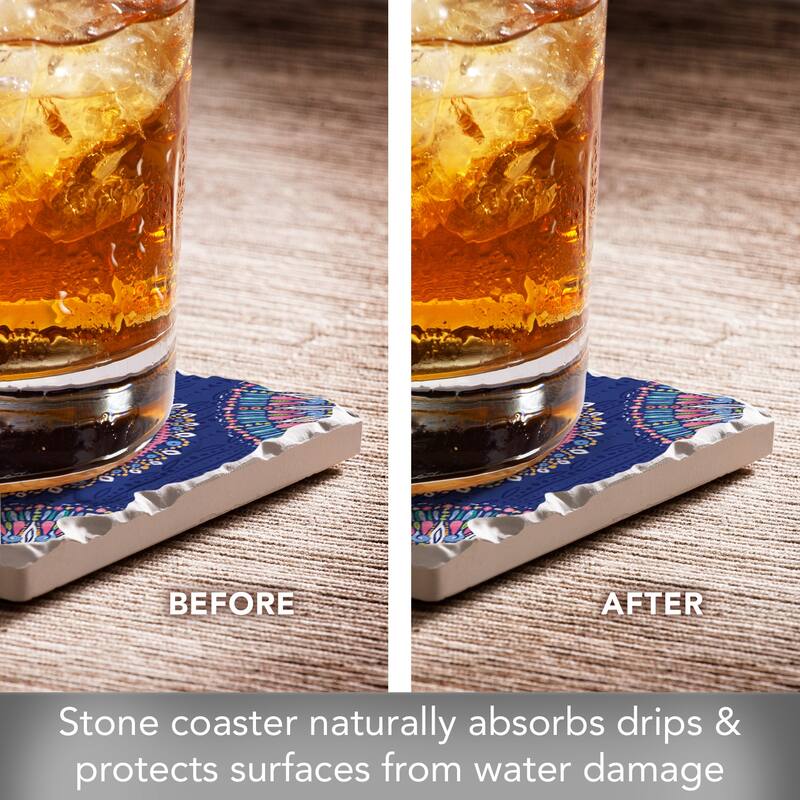 Mandala Seas 4 Pack Absorbent Stone Coasters with Cork Backing 4" Square Made in The USA Absorbent Wipes Clean