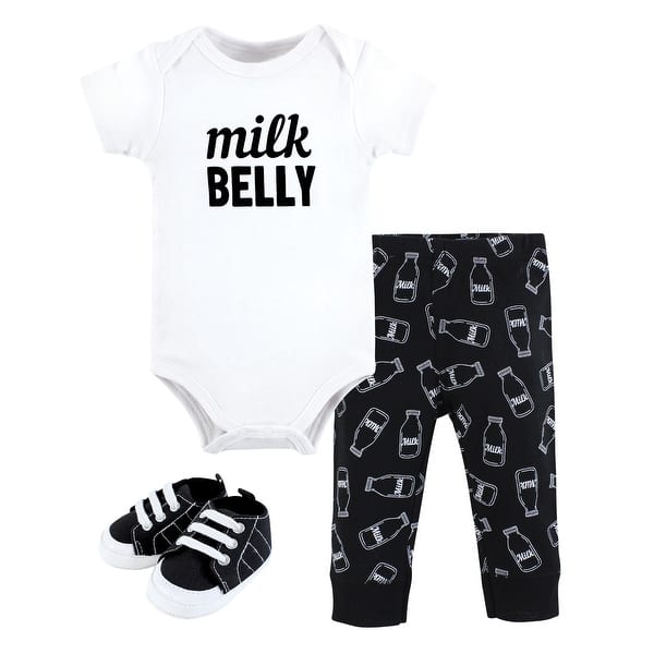 slide 1 of 1, Hudson Baby Infant Boy Cotton Bodysuit, Pant and Shoe Set, Modern Milk Belly 0-3 Months - Modern Milk Belly