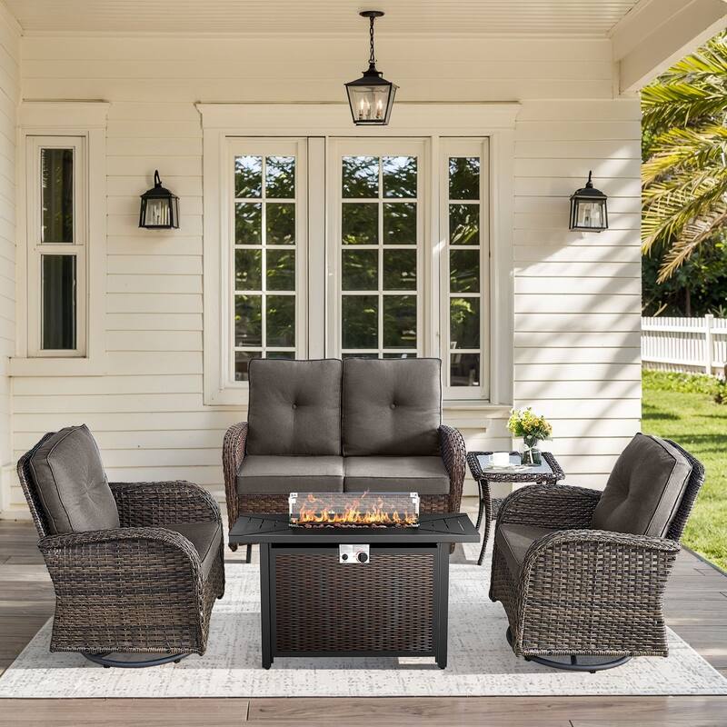 Patio Sofa Swivel Chair with Propane Fire Pit Table - Brown Rattan - Grey Cushion - 5PCS Glider Sofa Chair Table with Fire Table
