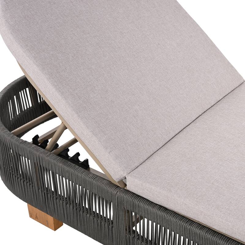 Rope Woven Outdoor Chaise Lounge Chair Adjustable Patio Recliner with Cushions Breathable Net Frame Sun Tanning Poolside Lounger