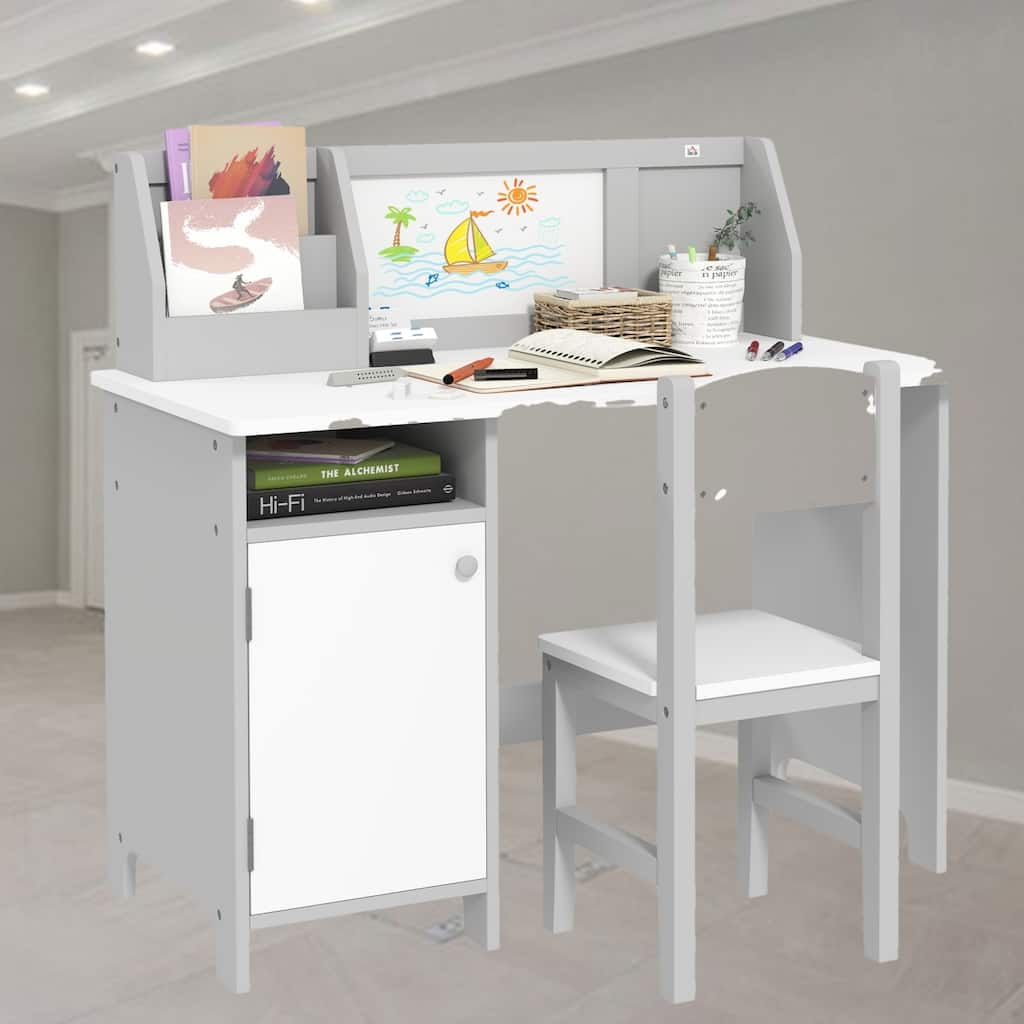 Kids Writing Desk with Whiteboard, Storage Cabinet, and Posture-Friendly Chair, Ideal for Arts, Crafts, and Homework