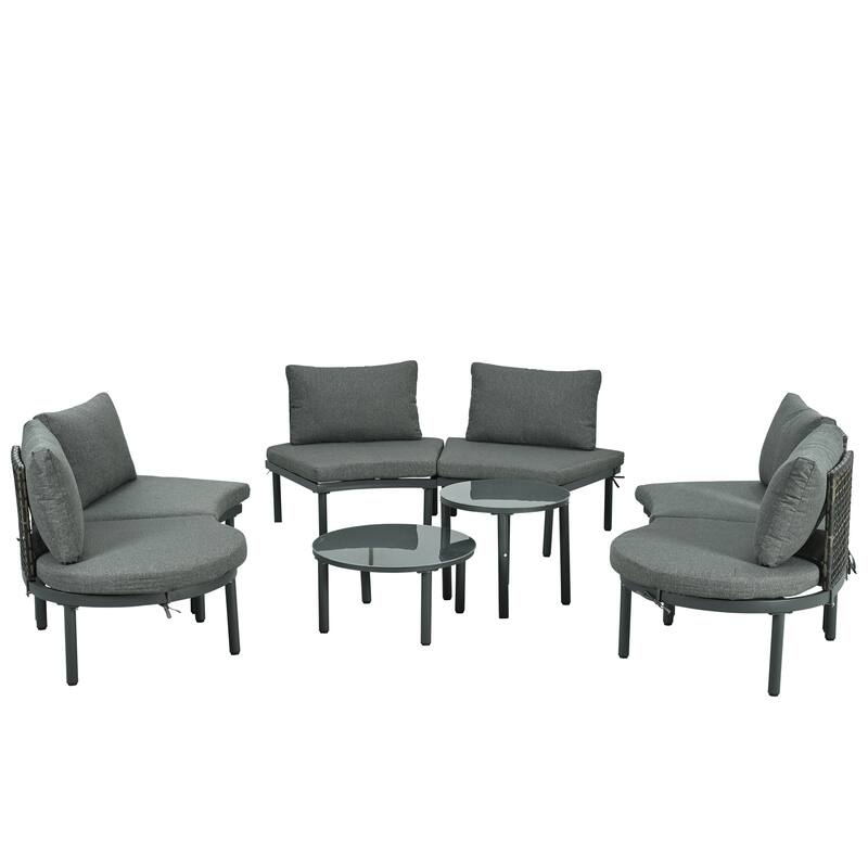 8-Piece Patio Sofa Furniture Set, Half Moon Sectional Sofa with 2 High-Low Coffee Tables, 6 Pillows & Cushions