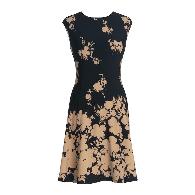 Connected Apparel Cap Sleeve Printed Mid-Length Dress - Black/Gold - 14