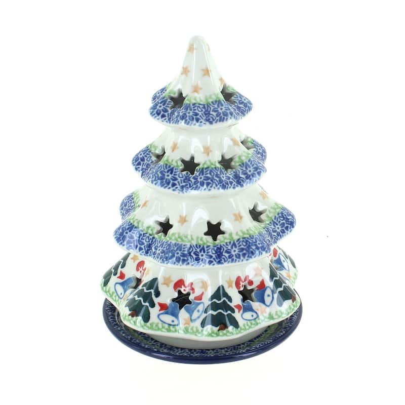 Blue Rose Polish Pottery 513 Ceramika Artystyczna Medium Christmas Tree Luminary - Winter Bells
