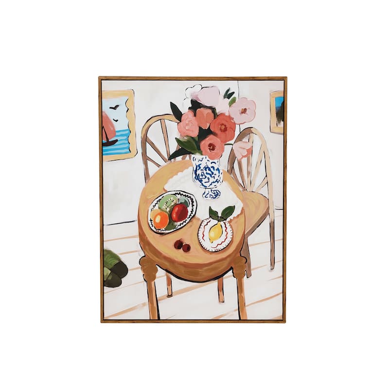Framed Canvas Hand-Painted Wall Decor with Flowers on Table
