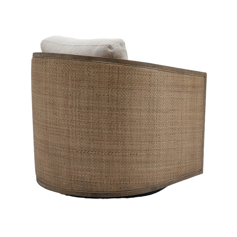 Boucle Upholstered Swivel Barrel Chair, Comfy Round Accent Sofa Chair, High Back Club Chair with Rattan Armrests