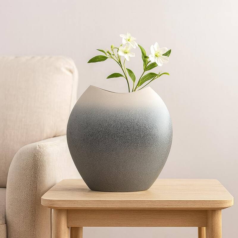 Aria Home Ceramic Oval Vase in Gray Finish Modern Decorative Accent