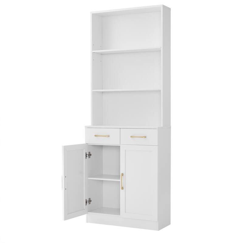 Storage Cabinet for Bathroom, 2 Doors Wooden Cabinet with 2 Drawers Three-layer Open Shelf, Bathroom Floor Cabinets