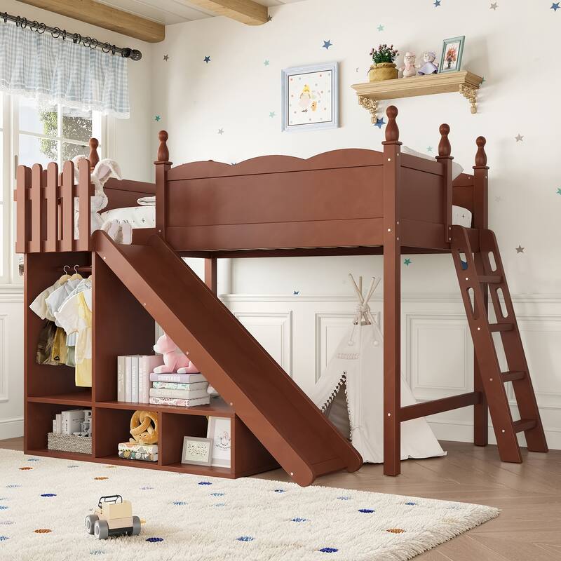 Twin Loft Bed with Storage Shelves and Wardrobe, Solid Wood Loft Beds with Detachable Slide and Ladders, No Spring Box Needed