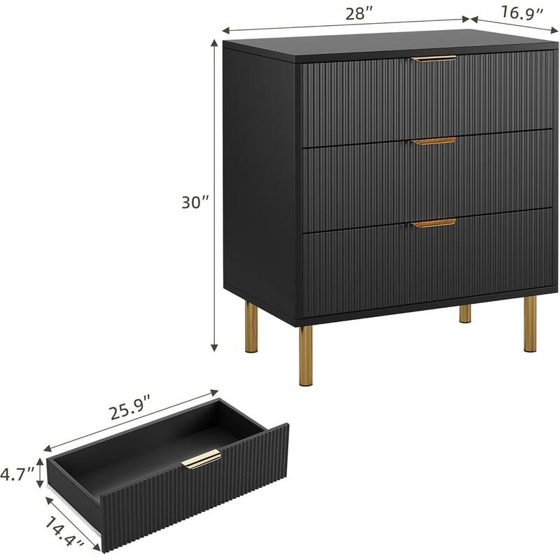 3 Drawer Dresser, Wood Chest of Drawers Organizer Storage with Gold Handle, Small Storage Cabinet
