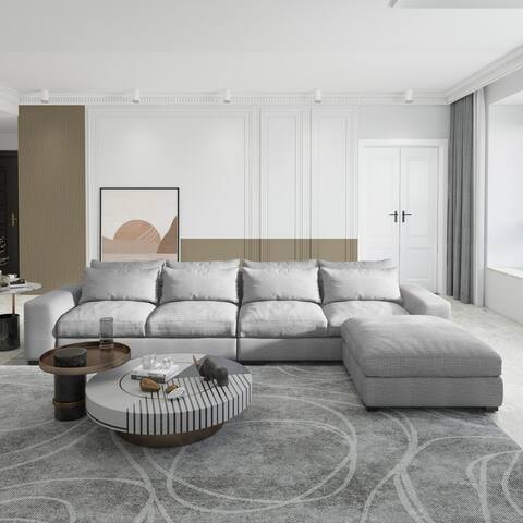 L-Shaped Reversible Linen Fabric Sectional Sofa,Convertible Corner Couch with Pillow and Wood Legs