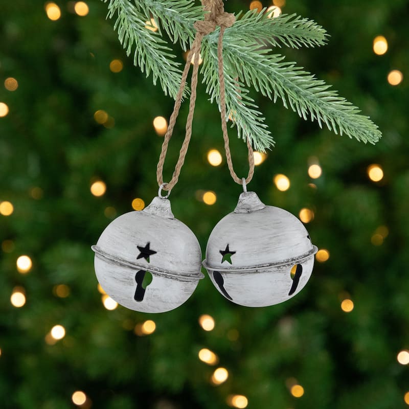 Antiqued Christmas Jingle Bell Ornaments - 3" - White - Set of 2 - 7"