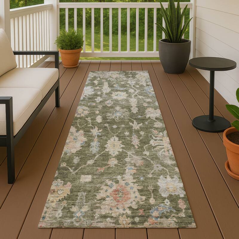 Machine Washable Indoor/ Outdoor Casual Traditional Chantille Rug - 2'3" x 7'6" - Olive