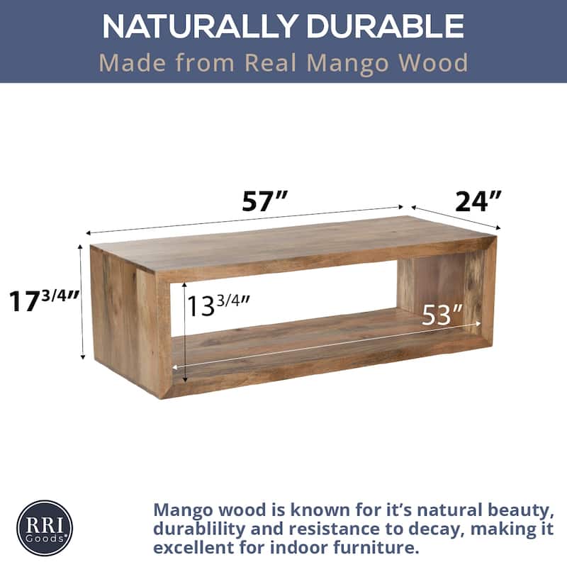 Modern Rectangular Mango Wood Coffee Table with Open Shelf - 57" Wide, Natural Finish