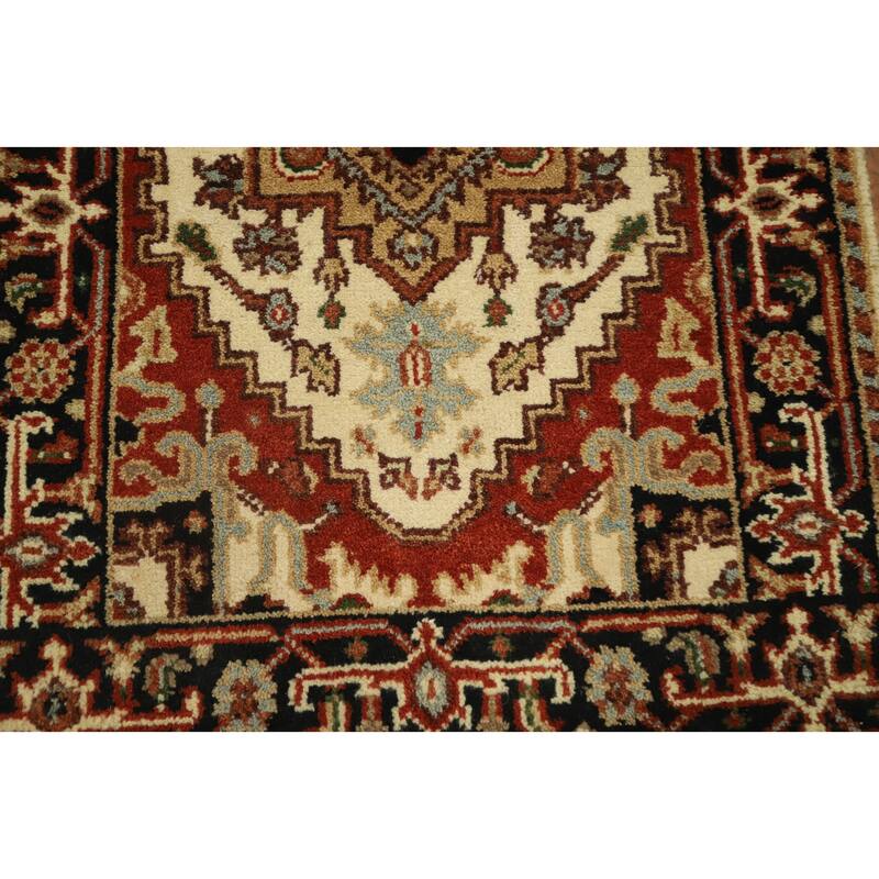 Hand Knotted Oriental 100% Wool Carpet Traditional Geometric Beige & Ivories Heriz (serapi) Runner Rug - 9' 11'' X 2' 5''