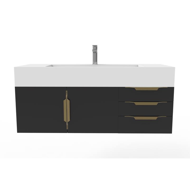 Nile 48" Wall Mounted Bathroom Vanity Set w/ White Top - Black - Gold Finish