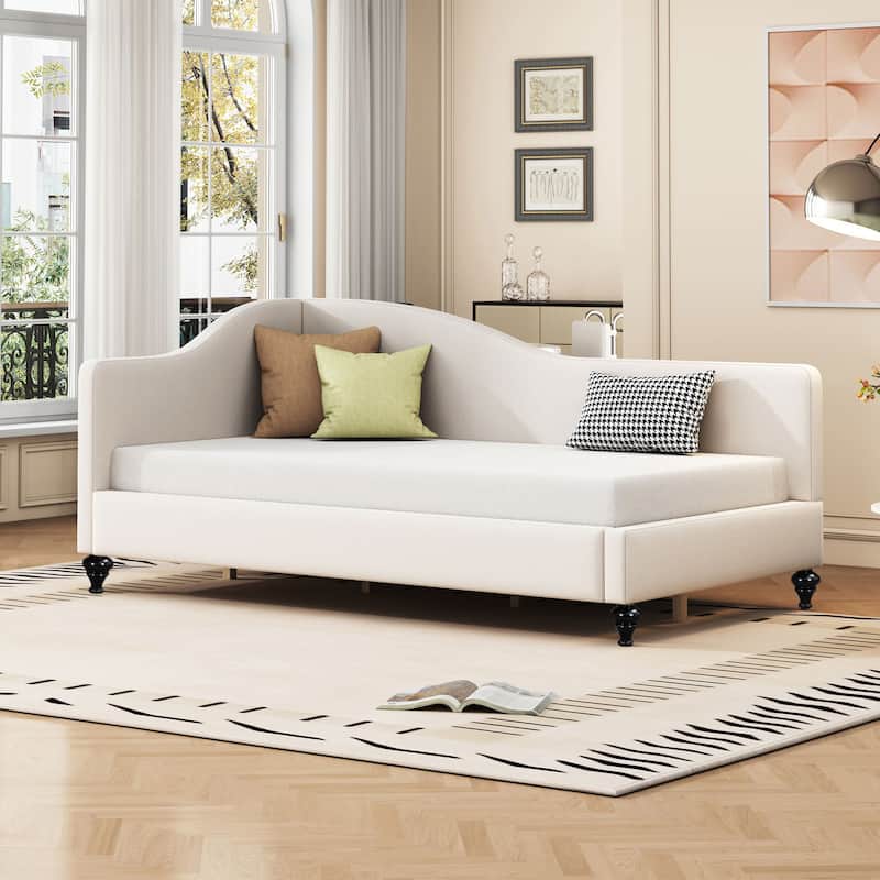 Twin Size L-Shaped Linen Daybed with Solid Wood Legs - Beige