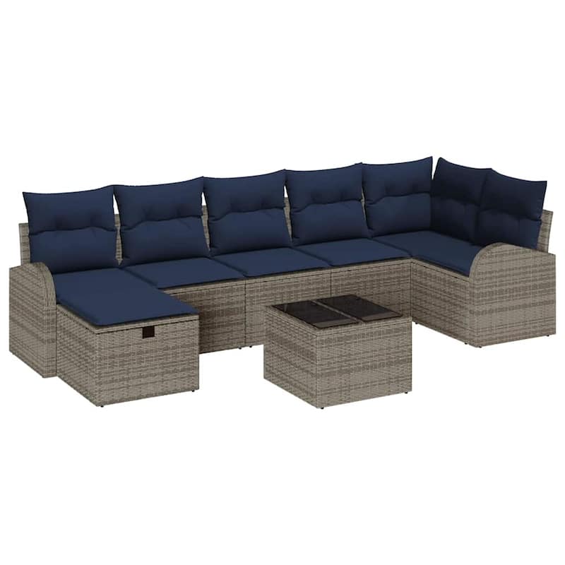 vidaXL 7/8 Garden Sofa Set with Cushions Black/Brown/Grey Poly Rattan - 113.8 x 48.8 x 27.2
