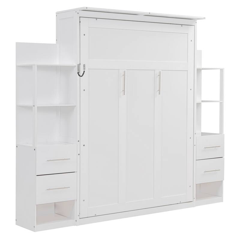 Roomfitters Wall Murphy Bed with Shelves Drawers and LED Lights MDF, White