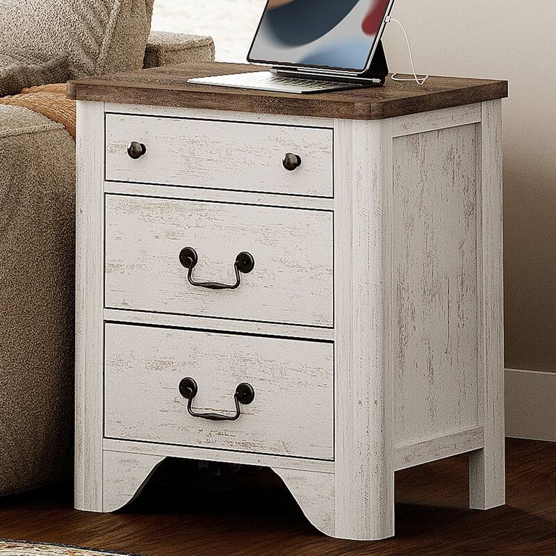 WAMPAT Farmhouse Nightstand with 3 Drawers - white - 3-drawer