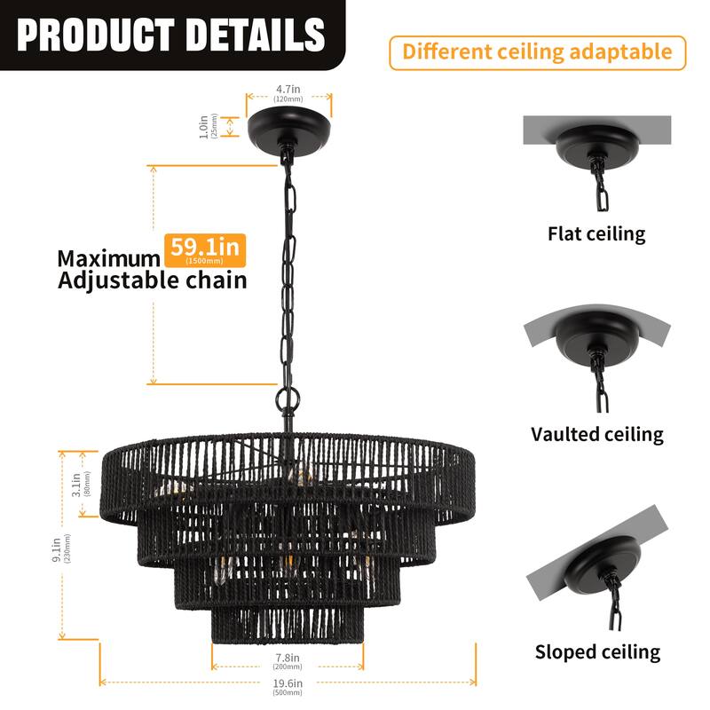 YANSUN Boho Chic 4-Tiered Chandelier 6-Light Pendants with 6 Black Metal Arms & Rattan Shades,19.69"Diameter,E12 Base