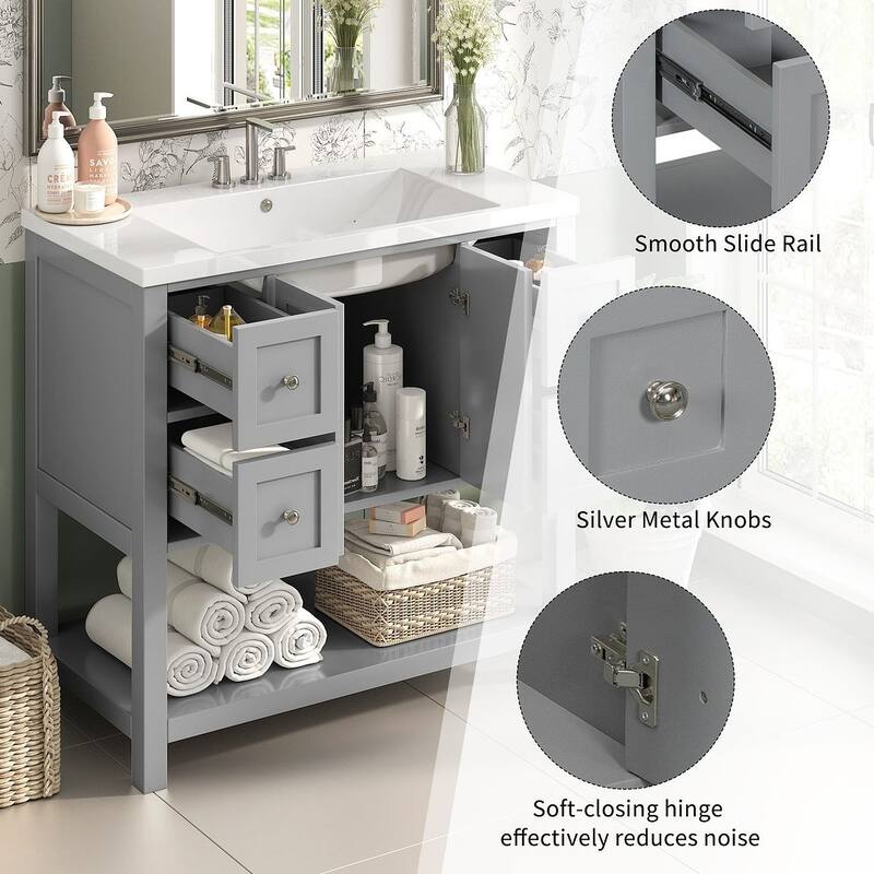 36'' Freestanding Bathroom Vanity with Undermount Sink, 4 Drawers and Soft Closing Doors