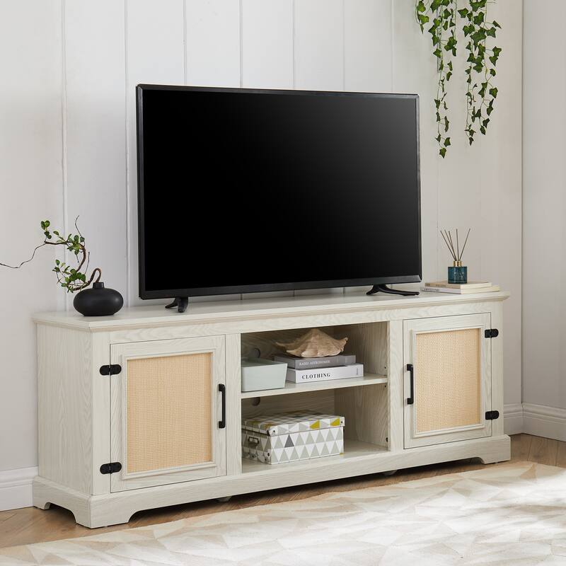 Rattan TV Stand for 70" TVs, 65" Farmhouse Media Console Table with 2 Shelves and Cable Management
