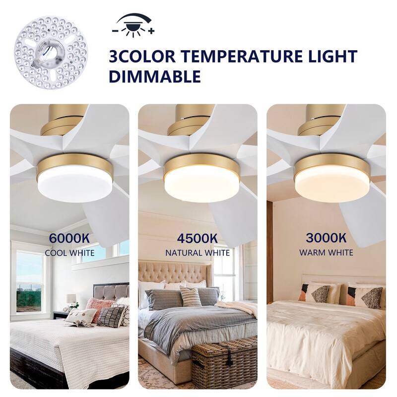 52" Ceiling Fans With Lights and Remote Control, Dimmable LED, 5 Solid Wood Blades,for Bedroom, Living Room - 52 Inches