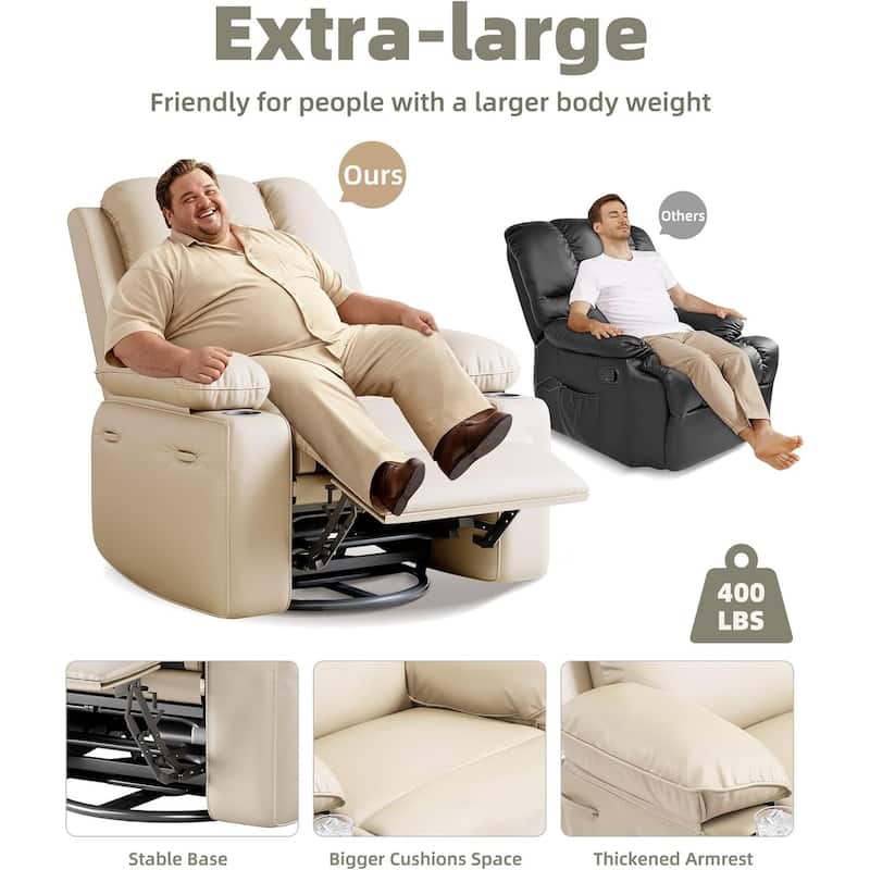27'' Oversized360° Swivel Recliner Chairs with Heat and Massage - Beige